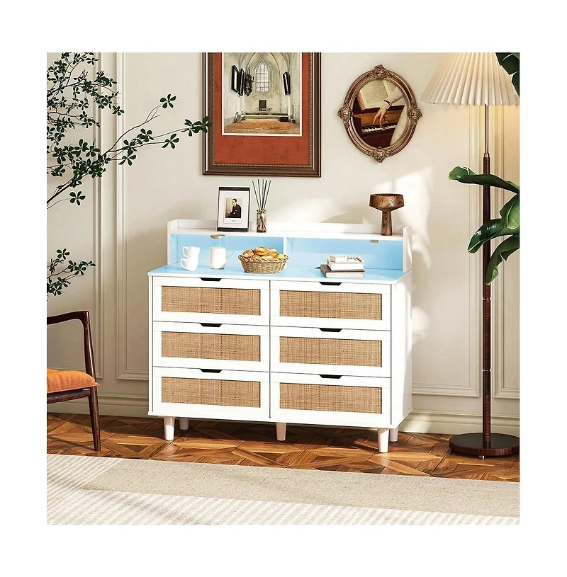 43.31 Inch Storage Cabinet 6 Drawer Dresser For Bedroom, Modern Wood Chest Of Drawers With Led Light Strip, 2 Ac Sockets, 2 Usb Ports, For Bedroom Hal