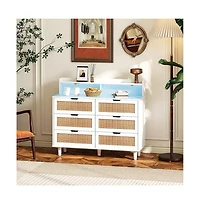 43.31 Inch Storage Cabinet 6 Drawer Dresser For Bedroom, Modern Wood Chest Of Drawers With Led Light Strip, 2 Ac Sockets, 2 Usb Ports, For Bedroom Hal