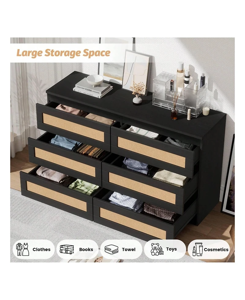 Rattan Dresser For Bedroom, 6 Drawer Dresser For Bedroom, Modern Wide Chest Of Drawers With Anti-Tip Kit