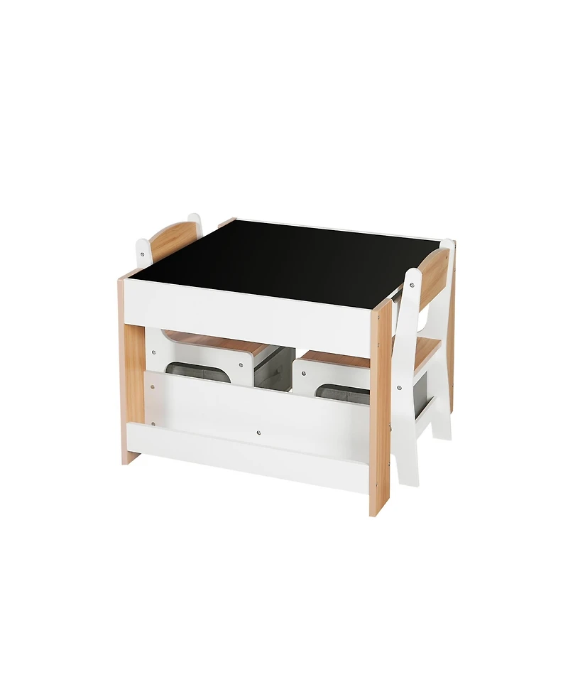 LuxenHome Kids Art Play Activity Table with Storage Shelf and Chair Set with Storage Baskets, White & Gray