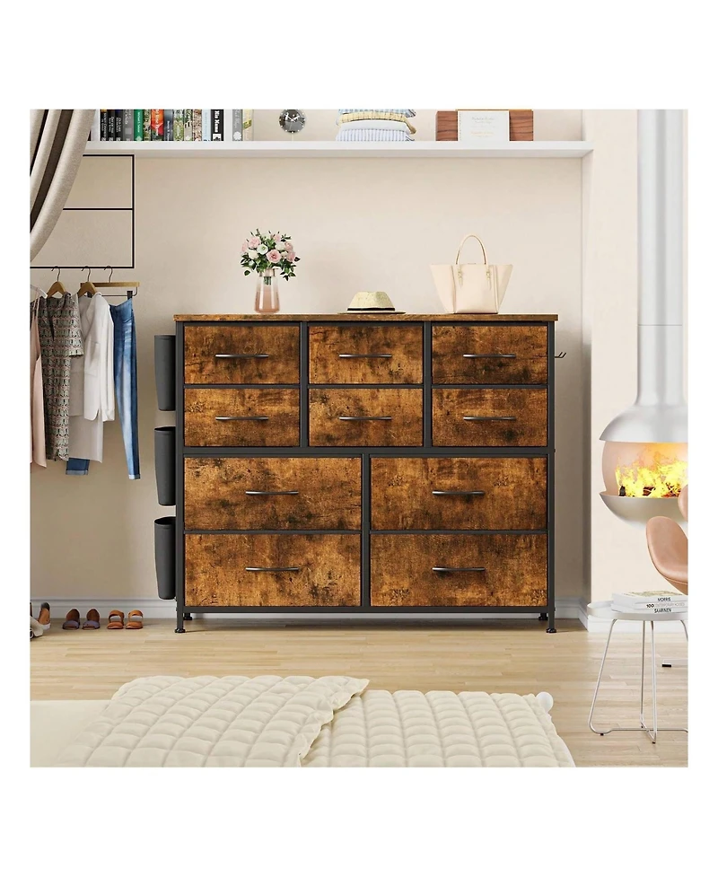 Dresser For Bedroom, 10 Drawers Fabric Storage Drawer, Dressers & Chest Of Drawers With Side Pockets, Hooks, Wood Tabletop For Closet, Living Room, Ha