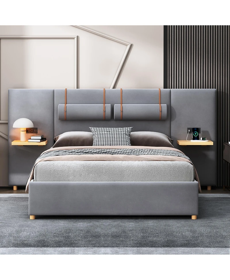 Slickblue Queen Upholstered Platform Bed with Dual Outlets and Usb Charging Ports on Each Side