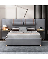 Slickblue Queen Upholstered Platform Bed with Dual Outlets and Usb Charging Ports on Each Side