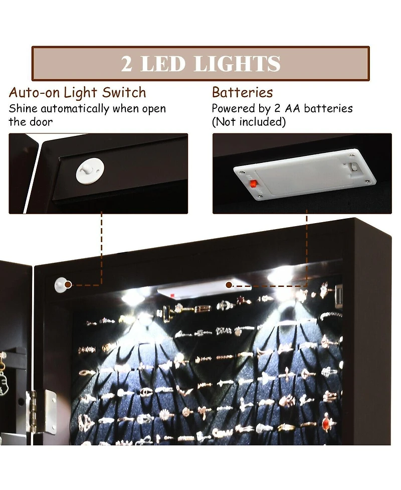 Sugift Wall and Door Mounted Mirrored Jewelry Cabinet with Lights-Brown