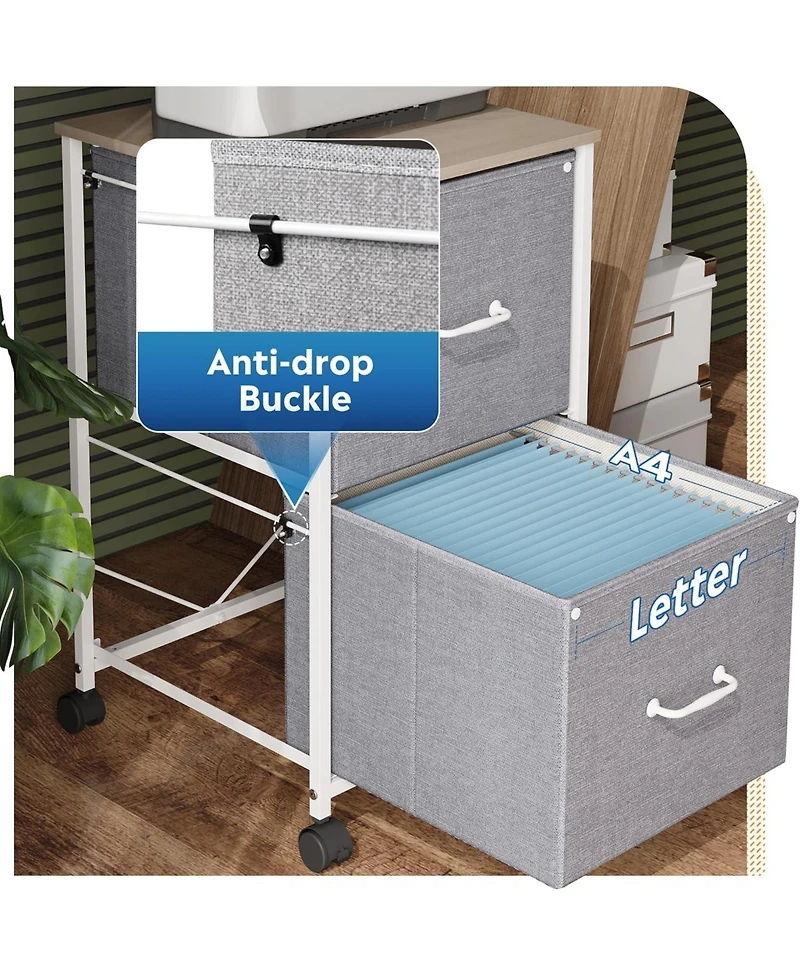 2 Drawer Mobile File Cabinet, Rolling Printer Stand, Fabric Vertical Filing Cabinet fits A4 or Letter Size for Home Office, Light Grey