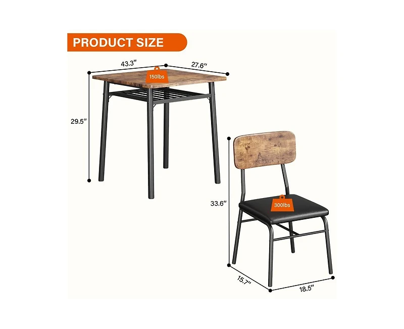 gaomon 3-Piece Dining Table Set, Modern Kitchen Table Set for 2, Dining Table and Chairs for 2 with Metal Frame, Storage Rack, Square Table and 2 Padd