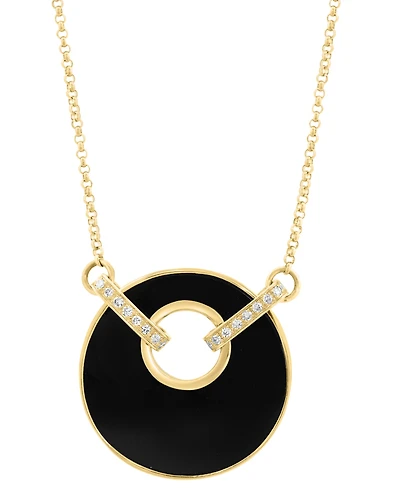 Effy Onyx (19mm) & Diamond (1/20 ct. t.w.) Pendant Necklace in 14k Yellow Gold, 16" + 2" extender