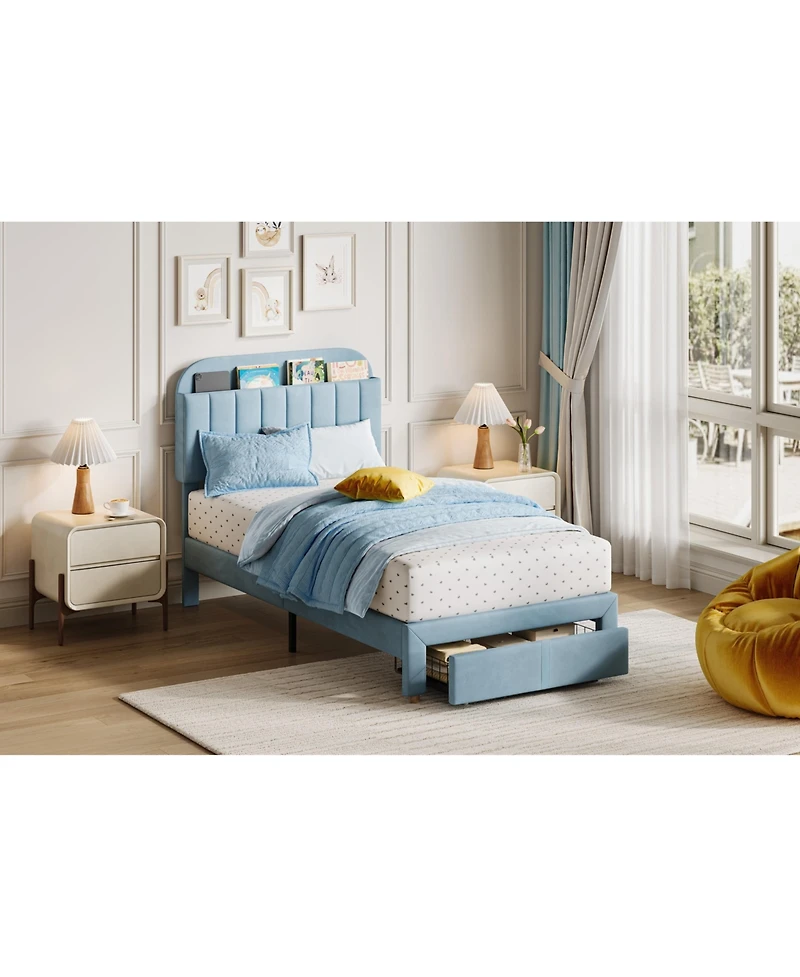 gaomon Twin Bed Frames with Storage Headboard, Velvet Upholstered Platform Frame Strong Wooden Slats