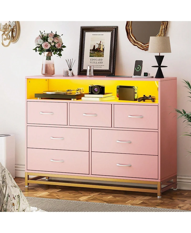 Dresser For Bedroom, Modern 7 Drawers Long Dresser With Charging Station And Led Lights Design