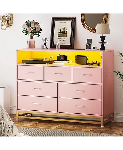 Dresser For Bedroom, Modern 7 Drawers Long Dresser With Charging Station And Led Lights Design