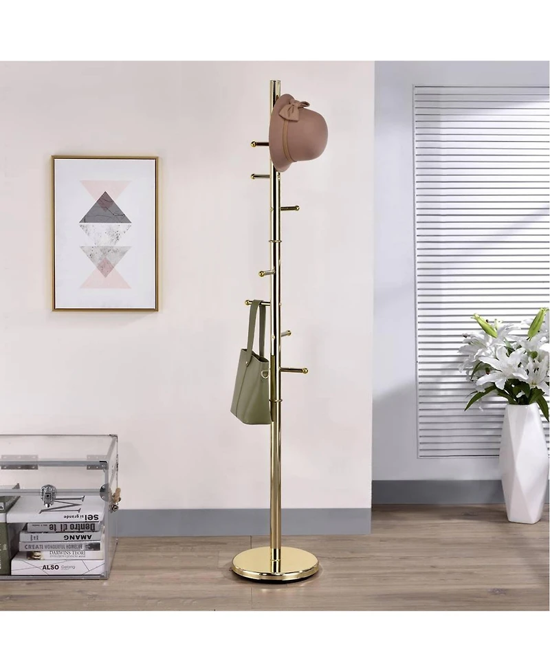 Kings Brand Furniture Hyre 8 Hook Entryway Hall Tree Coat & Hat Rack Stand, Brass