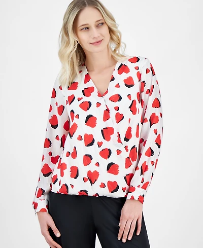 T Tahari Women's Heart-Print Faux-Wrap Long-Sleeve Blouse