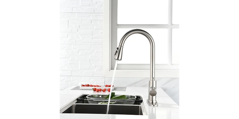 Single Handle Kitchen Sink Faucet – High Arc Design with Pull-Down Sprayer in Brushed Stainless Steel Finish