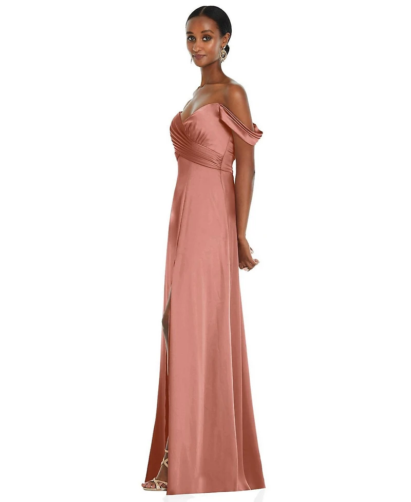 Dessy Collection Plus Size Off-the-Shoulder Flounce Sleeve Empire Waist Gown with Front Slit