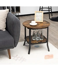 Gymax 2-Tier Sofa End Side Table Nightstand Round Tabletop for Living Room