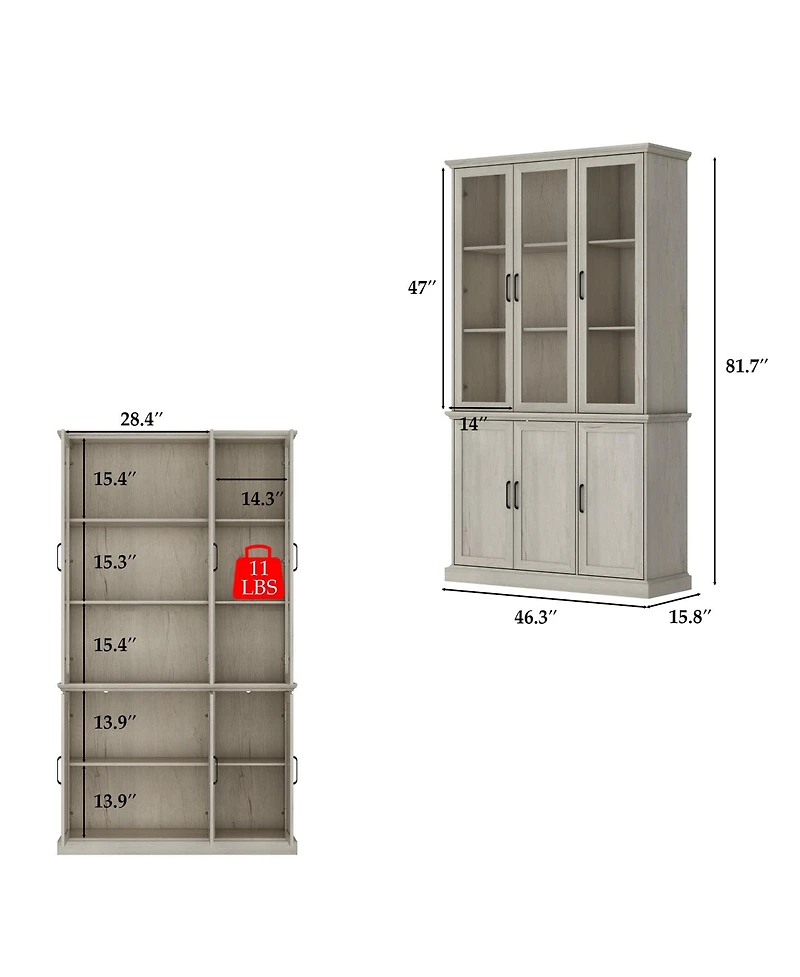 Famapy 5-Shelf Brown Wood Standard Bookcase With 3 Glass Doors and 3 Wood Doors