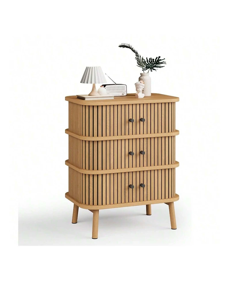 gaomon Fluted 3 Drawer Nightstand With Sliding Door, Mid Century Wooden 3 Drawer Dresser, Chest Of Storage Drawer, Side Table For Bedroom, Living Room