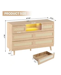 gaomon Natural Rattan Dresser For Bedroom With Led Light And Charging Station, 6 Drawer Double Dressers, Modern Wooden Dresser Chest, Beside Table For