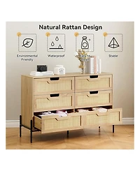 6 Drawers Dresser For Bedroom, Natural Rattan Drawer With Spacious Storage, Wood Chest Of Drawers With Metal Legs For Bedroom, Living Room, Hallway, E