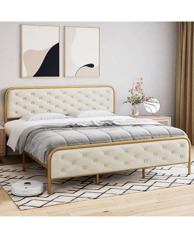 gaomon Upholstered King Size Bed Frame, Velvet Upholstery Platform Bed with Button Tufted Curved Headboard, Sturdy Wooden Slats