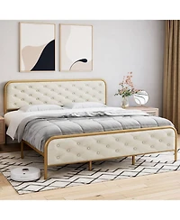 gaomon Upholstered King Size Bed Frame, Velvet Upholstery Platform Bed with Button Tufted Curved Headboard, Sturdy Wooden Slats