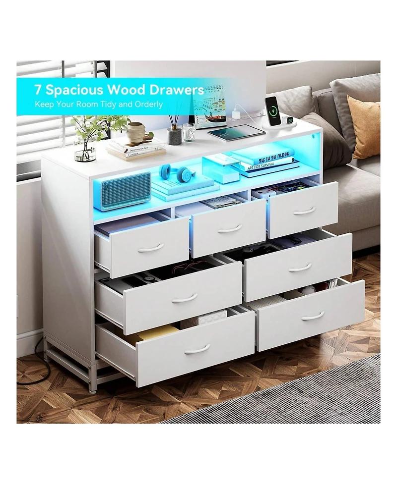 gaomon Dresser For Bedroom, Modern 7 Drawers Long Dresser With Charging Station And Led Lights Design
