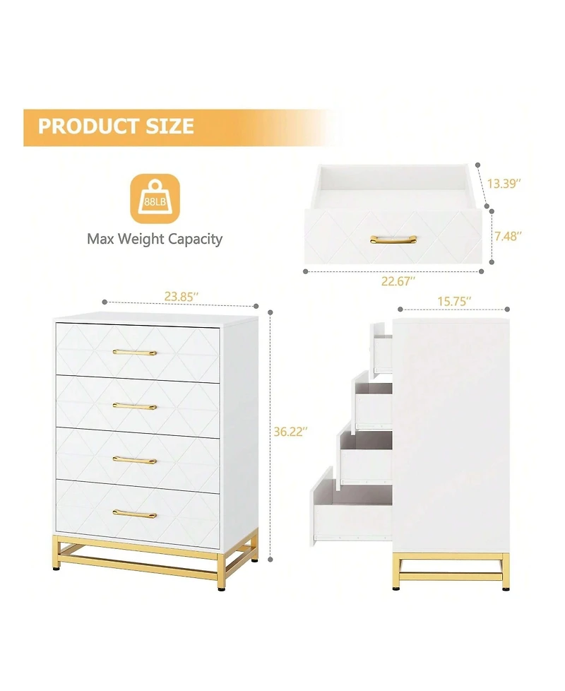 Dresser For Bedroom With 4 Drawers And Metal Handle,Chest Of Drawers, Sturdy Frame Modern Furniture, Wood Dressers