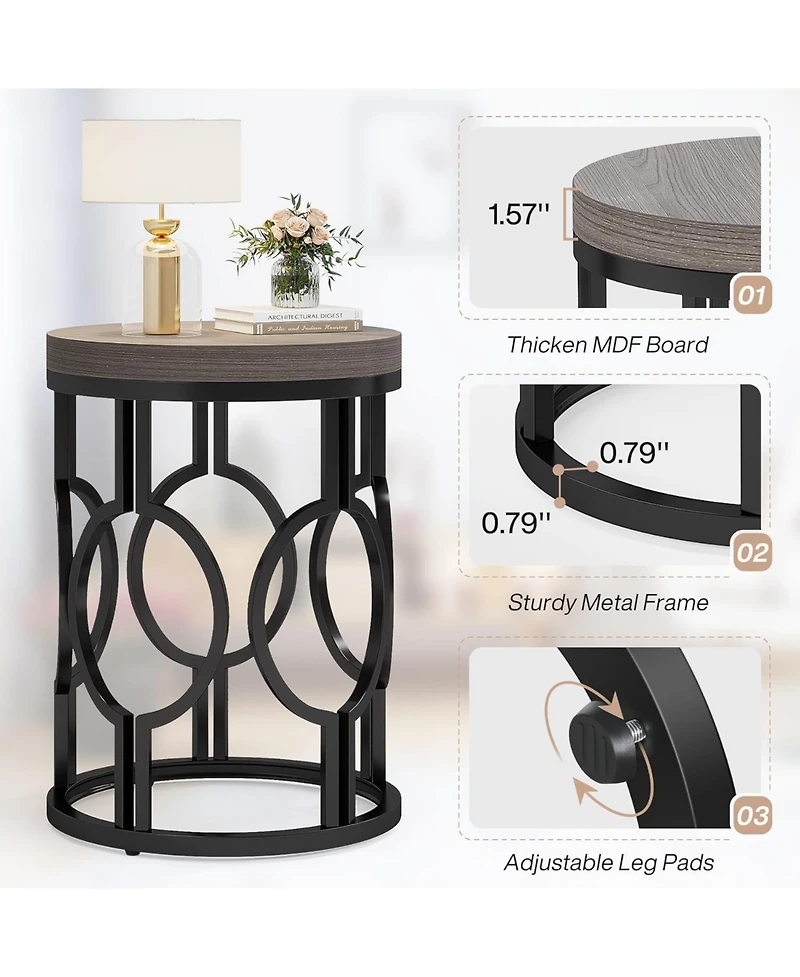 Tribesigns Round Industrial End & Side Table with Metal Hollow Frame, Small Bedside Table Nightstand