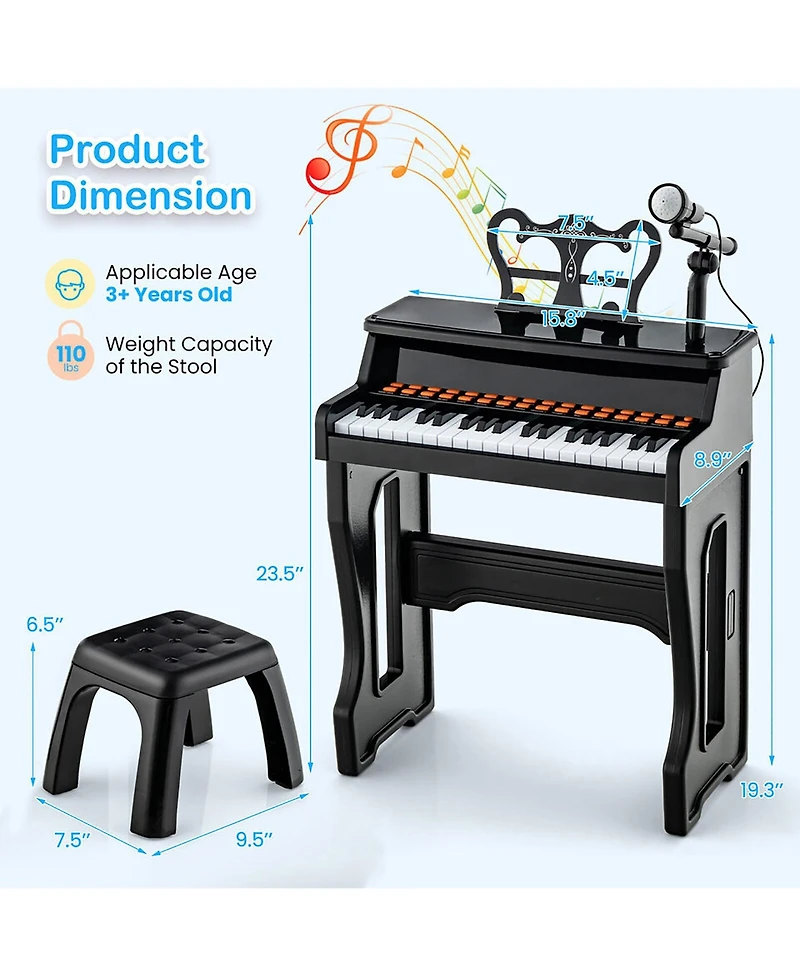 Gymax 37-Key Music Piano Keyboard Kids Learning Toy Instrument w/ Microphone