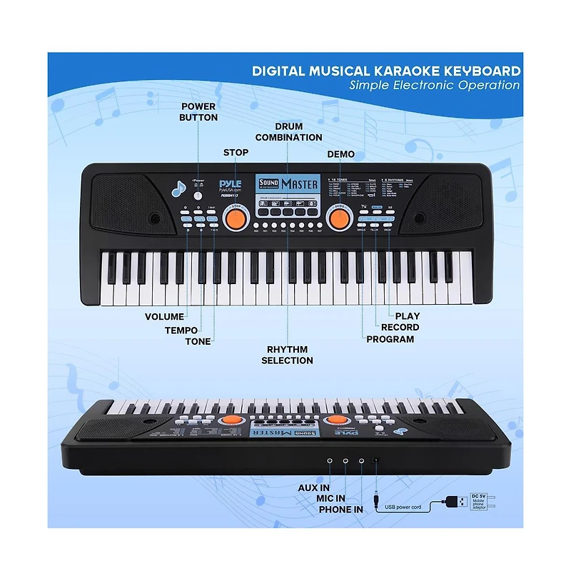 Pyle 49-Key Digital Karaoke Keyboard - Portable Electronic Piano with Rechargeable Battery & Microphone (PKBRD4113