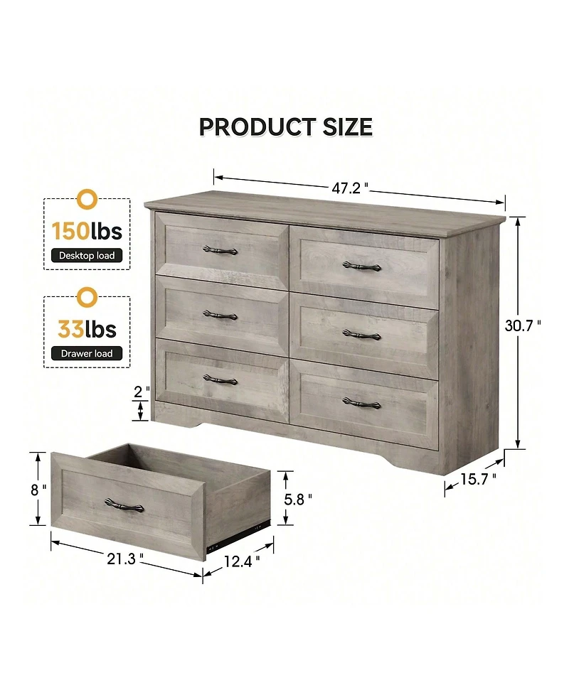 gaomon Dresser For Bedroom With 6 Drawers, Wood Drawer Dresser Chest Of Drawers For Closet, Living Room, Hallway, Nursery, Kids Bedroom