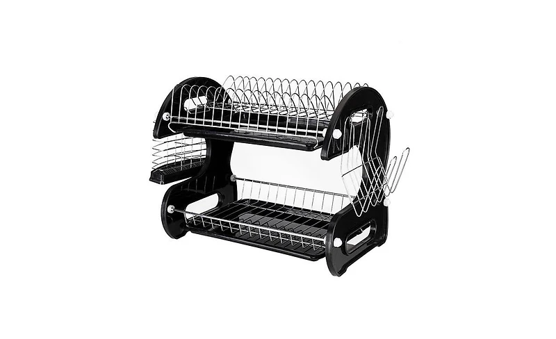2-Tier Dish Drying Rack – Dual-Layer Dish, Bowl, and Utensil Organizer with Drain Tray, Black Steel