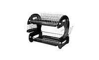2-Tier Dish Drying Rack – Dual-Layer Dish, Bowl, and Utensil Organizer with Drain Tray, Black Steel