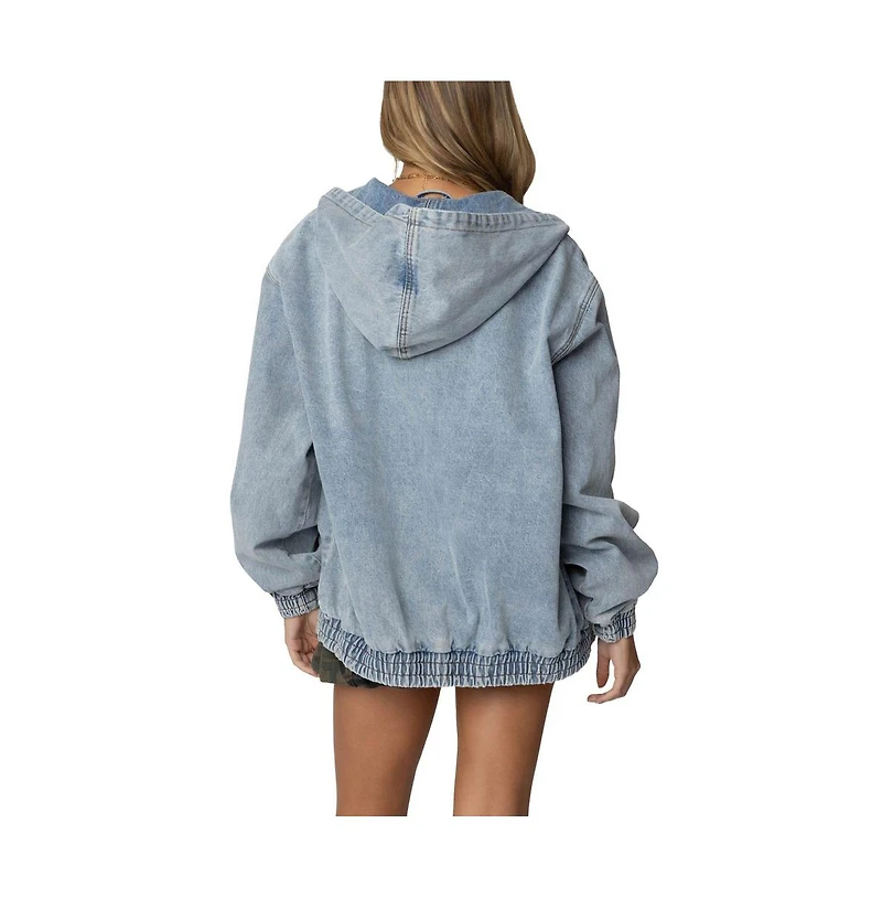 Edikted Womens Hooded Vintage Washed Denim Bomber Jacket