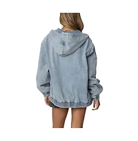 Edikted Womens Hooded Vintage Washed Denim Bomber Jacket