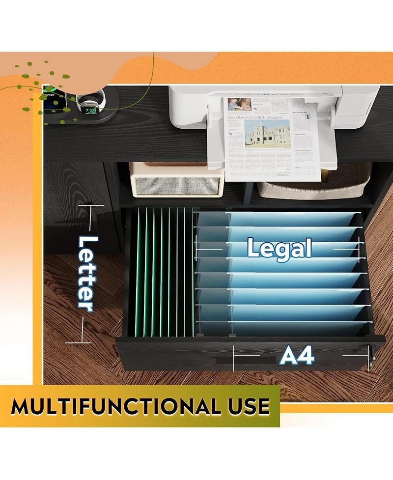 File Cabinet with Charging Station, 1 Drawer Rolling File Cabinet, Locking Filing Cabinet for Home Office