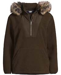 Lands' End Women's Hooded Half Zip Faux Fur High Pile Fleece Pullover