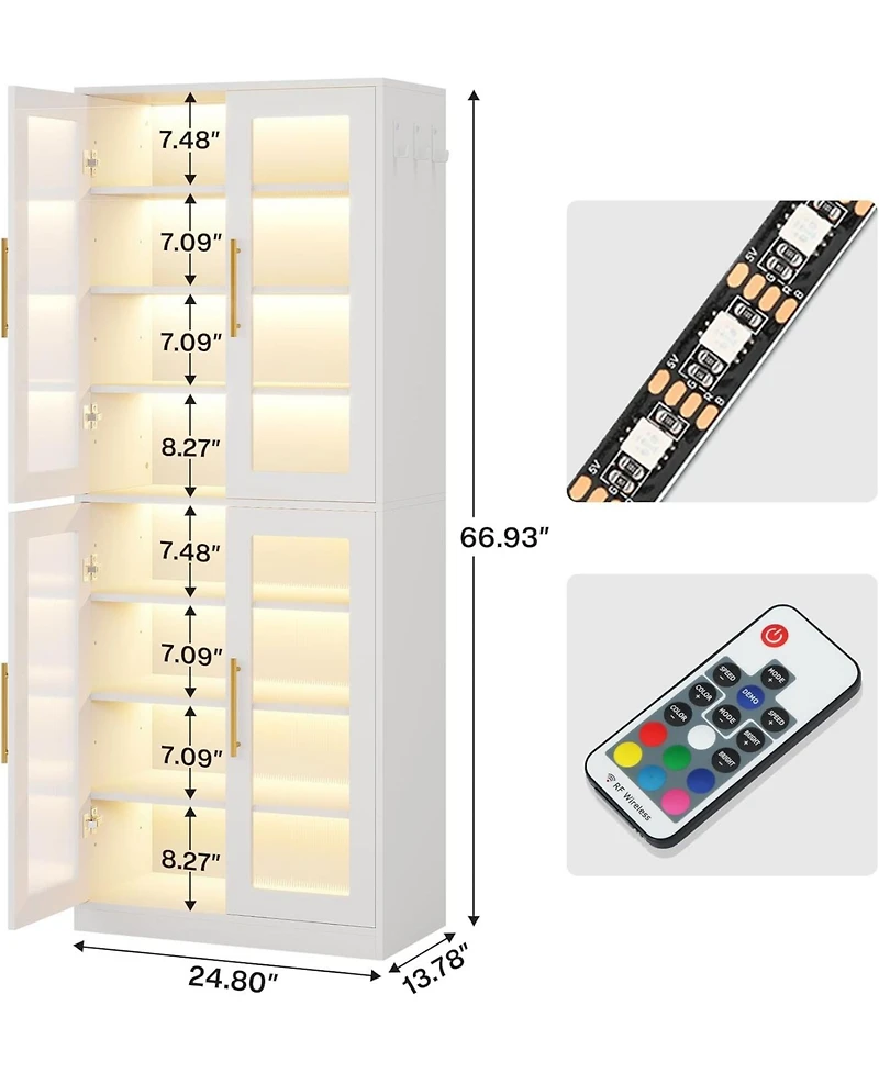 Tribesigns Bookcase with Doors and Led Light, 67-inch Tall Bookshelf 8-Tier Adjustable Shelves Hanging Hooks, Freestanding Storage Cabinet