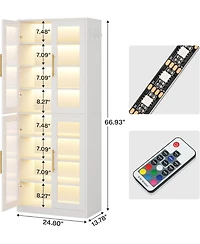 Tribesigns Bookcase with Doors and Led Light, 67-inch Tall Bookshelf 8-Tier Adjustable Shelves Hanging Hooks, Freestanding Storage Cabinet