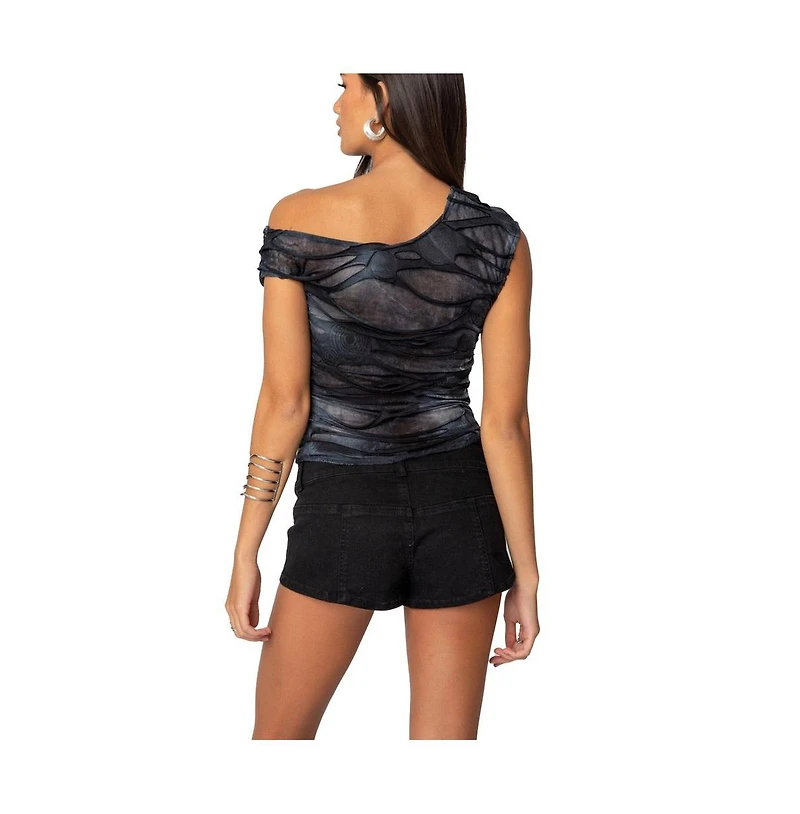 Edikted Womens Shredded Asymmetric Top