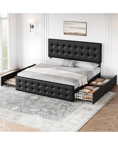 gaomon Bed Frame with Headboard and 4 Storage Drawers, Platform Square Stitched Button Tufted