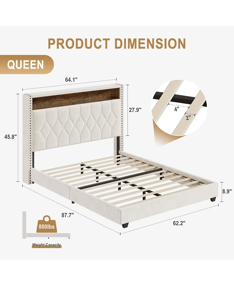 gaomon Queen Velvet Upholstered Bed Frame with Storage Headboard and Built-in Charging Station