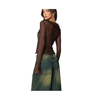 Edikted Womens Sheer Mesh Ruffled Top
