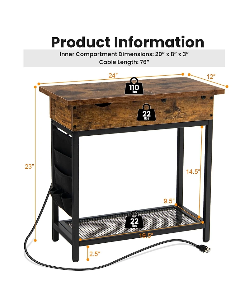 Gymax End Table with Charging Station Industrial Nightstand Flip Top Side Pocket Usb