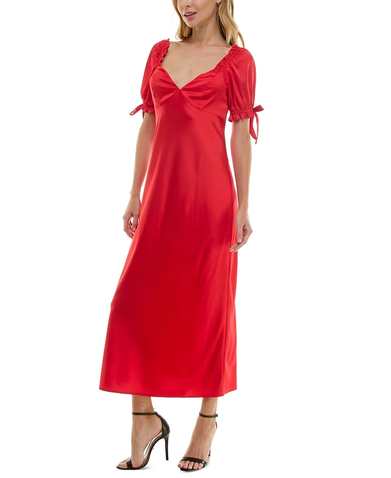 Crystal Doll Juniors' V-Neck Puff-Sleeve Midi Dress
