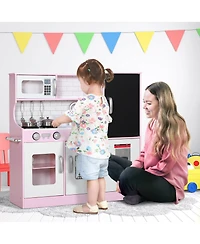 Qaba Play Kitchen, Kids Kitchen Playset w/ Phone & Chalkboard,