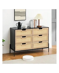 6 Drawers Dresser For Bedroom, Natural Rattan Drawer With Spacious Storage, Wood Chest Of Drawers With Metal Legs For Bedroom, Living Room, Hallway