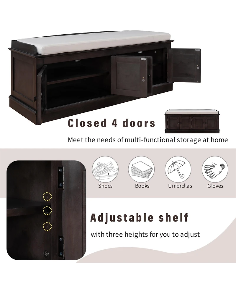 Multi-Use Storage Bench – 4-Door Organizer Cabinet with Shelves for Hallway, Bedroom, or Mudroom