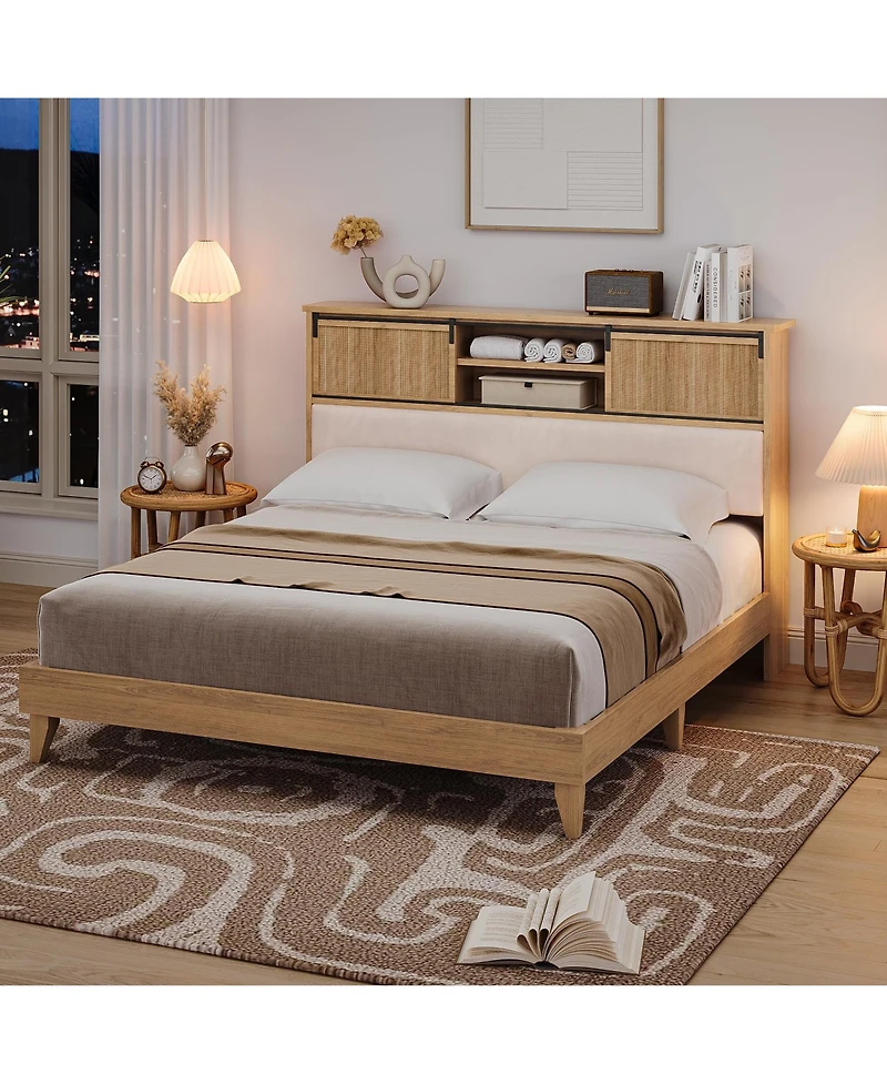 gaomon Rattan Queen Bed Frame with Sliding Door Shelf Headboard