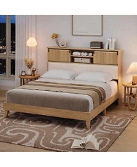 gaomon Rattan Queen Bed Frame with Sliding Door Shelf Headboard